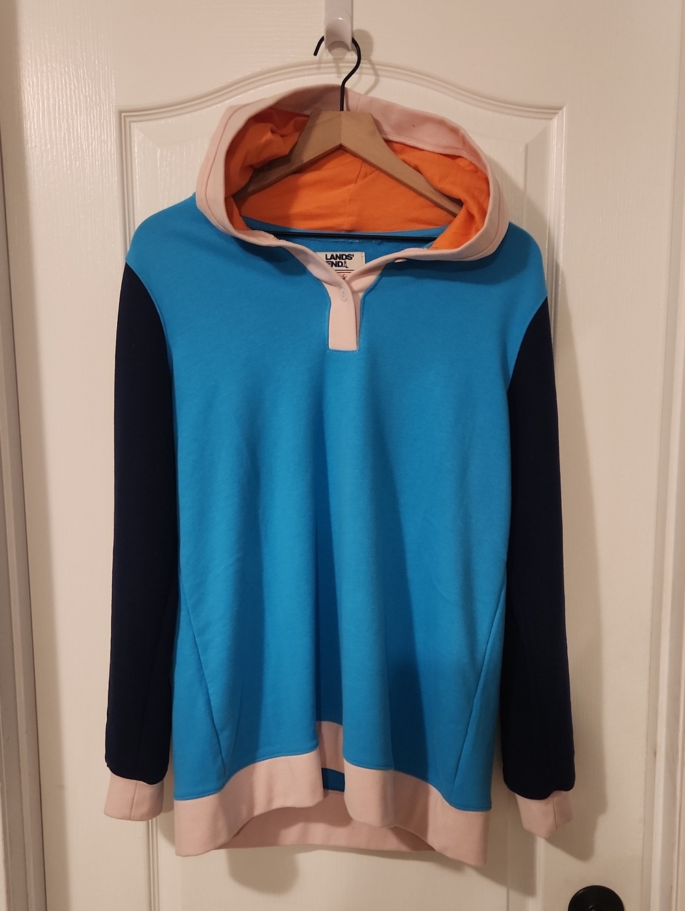 Lands' End Turquoise, Navy & Peach Hooded Colorblock Sweater